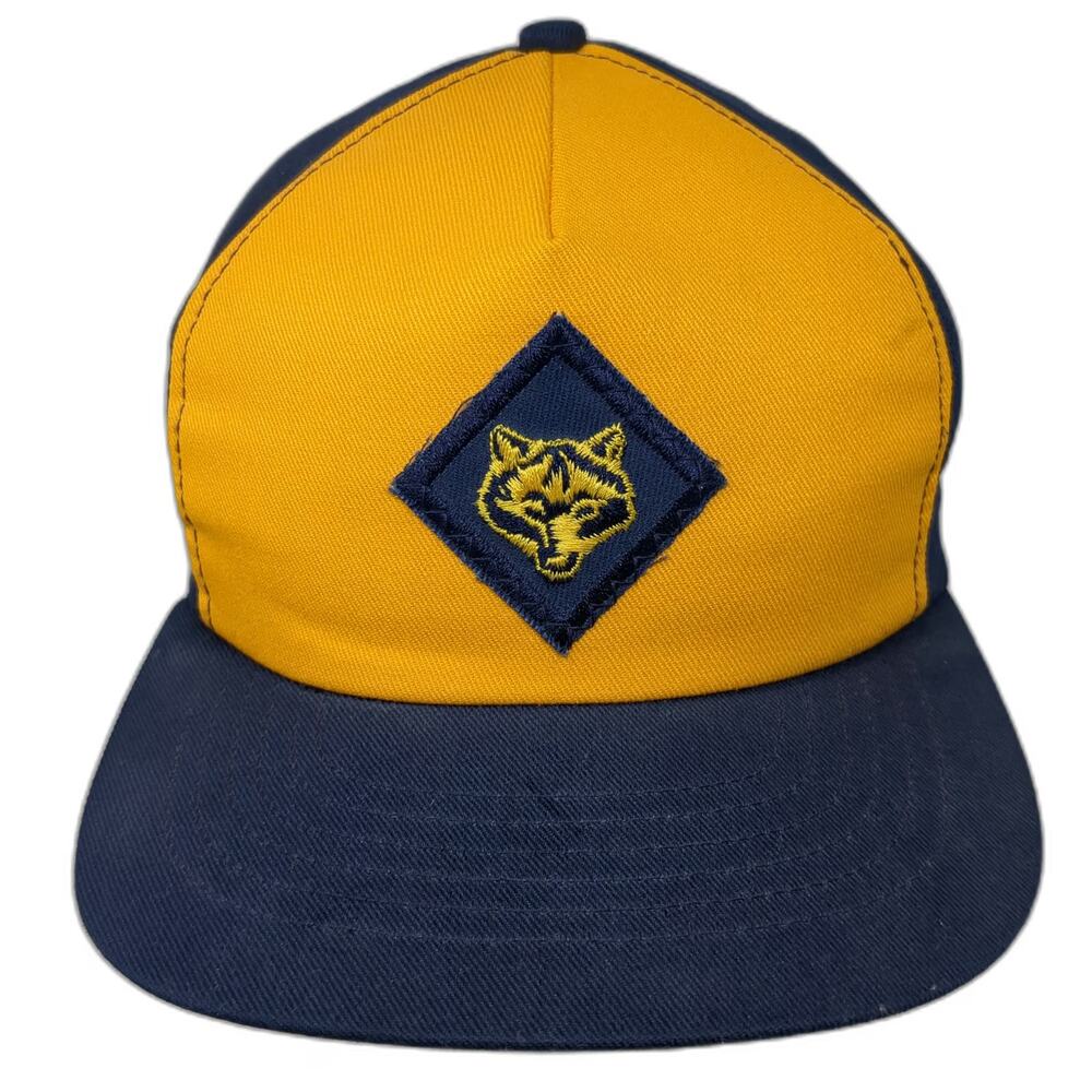 Cap America 5 Panel Blue Yellow L Wolf Patch Snapback Made in USA Vintage Hat